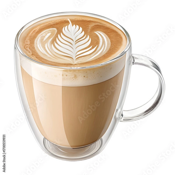Fototapeta A beautifully crafted latte served in a transparent double-walled glass mug, showcasing creamy milk coffee topped with artistic leaf-shaped latte art. High-resolution coffee photography isolated on a 