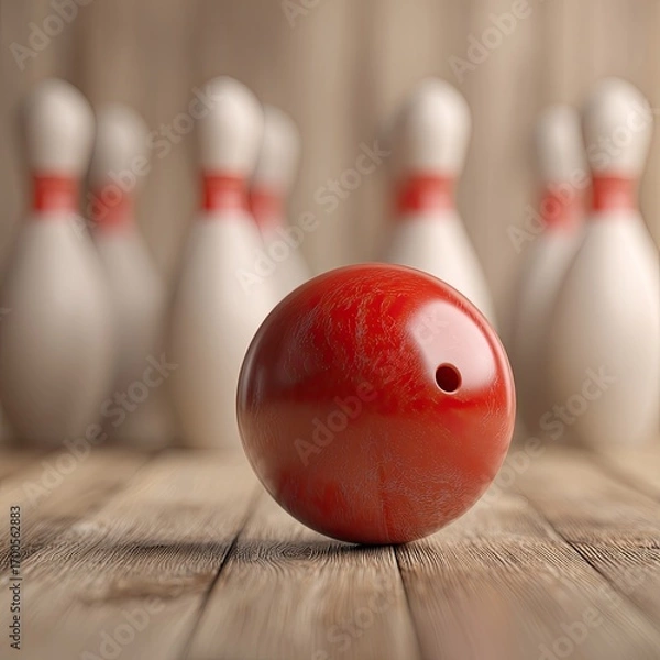 Fototapeta Red bowling ball on wooden lane, pins in soft focus
