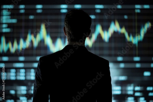 Fototapeta Businessman analyzing financial market data on digital screen, evaluating trading charts and business growth