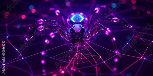 Fototapeta Neon cyber spider weaves digital web background. Purple techno 3d insect creates glowing generative AI network to protect and hack system
