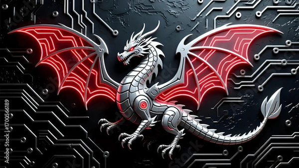 Obraz Futuristic dragon in embossed platinum circuits, wings glowing neon fractals.