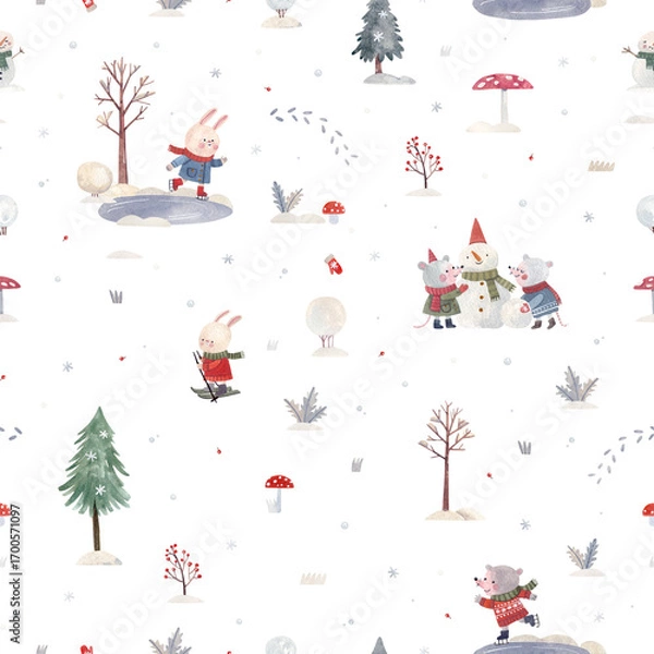 Fototapeta Hand-drawn naive seamless pattern with cute animals in winter forest activities. background for gift wrap and decor