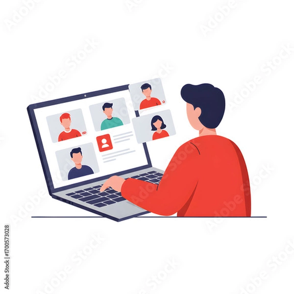 Fototapeta Person Engaged in Virtual Classroom Learning on Laptop with Multiple Video Call Participants