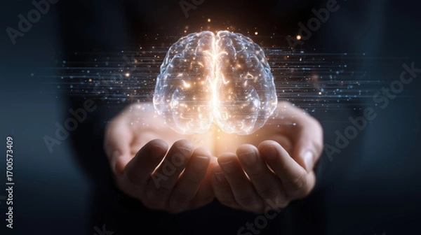 Fototapeta Human hands holding a glowing AI artificial intelligence brain. Concept human intelligence and artificial intelligence technology interaction. 