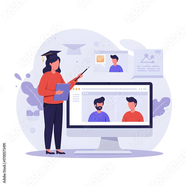 Fototapeta Woman in Graduation Cap Conducting Online Class with Tablet and Pointer in Virtual Education Setting