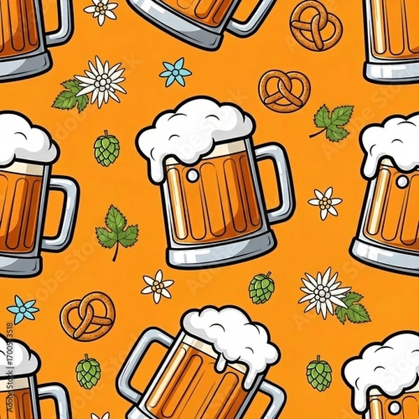 Fototapeta Seamless pattern with frothy beer mugs, pretzels, flowers and hops on orange background, cartoon festive palette, Oktoberfest