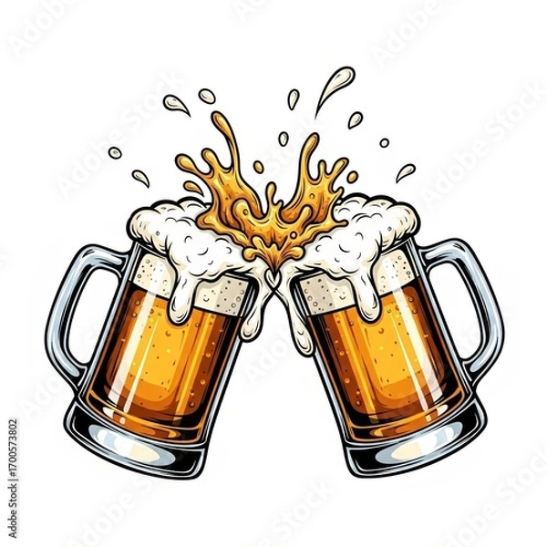 Fototapeta Beer mugs with foam splash clinking together, bright orange palette, Oktoberfest festive poster, copy space