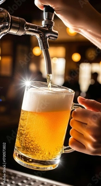Fototapeta Pouring fresh lager beer from tap into glass mug, golden yellow palette, bar or pub menu background, Oktoberfest concept