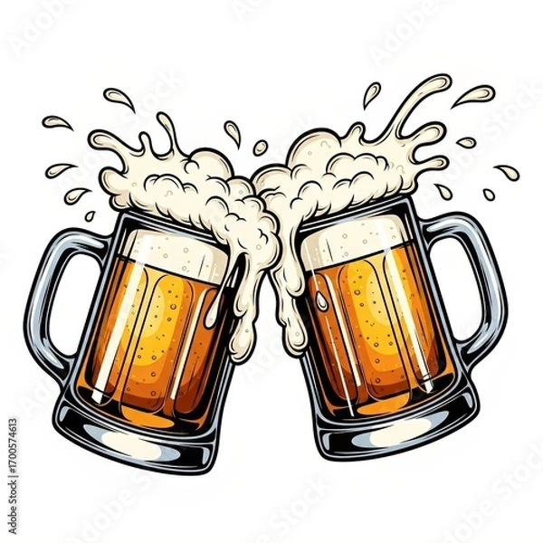 Fototapeta Beer mugs with foam splash clinking together, bright orange palette, Oktoberfest festive poster, copy space