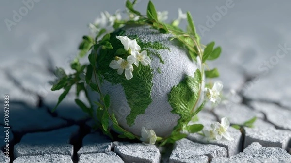 Fototapeta A conceptual image of the earth healing, with green vines and flowers growing over a cracked, dry surface.