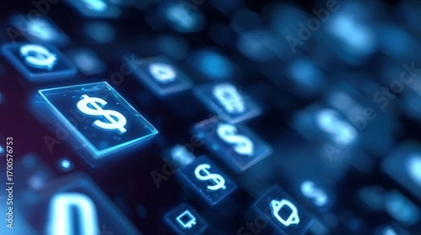 Fototapeta An abstract background with money symbols and digital marketing icons, representing fintech.