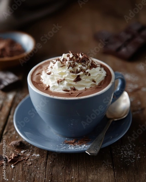 Fototapeta A warm cup of cocoa topped with whipped cream and chocolate shavings served on a rustic wooden table