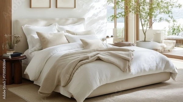 Fototapeta Serene modern bedroom with minimalist decor and large windows overlooking garden
