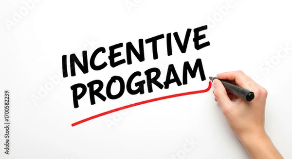 Fototapeta Handwriting "Incentive Program" in black marker on white background, underlined in red, showcasing a business concept related to motivation and rewards