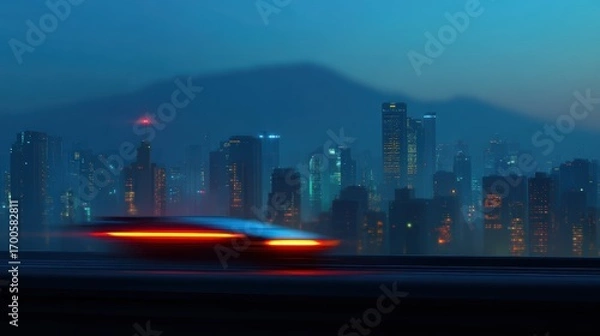 Fototapeta Futuristic city skyline at dusk with flying cars zooming past sleek skyscrapers bathed in neon lights