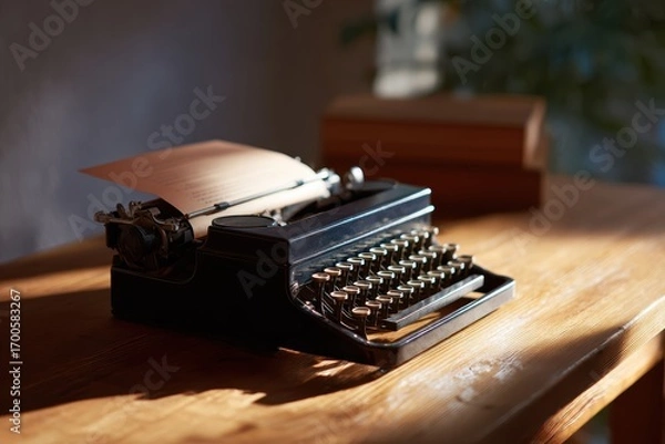 Fototapeta Vintage typewriter with a partially typed letter on a wooden desk illuminated by warm sunlight through a nearby window