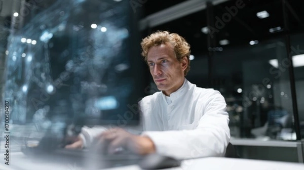 Fototapeta A scientist working on advanced AI algorithms in a futuristic glass office