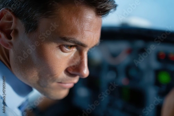 Fototapeta A pilot checking instruments inside a small airplane cockpit before takeoff