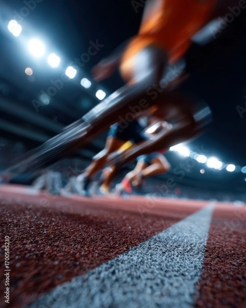 Fototapeta Young athletes sprinting on a track field under stadium lights during an evening competition with motion blur effect