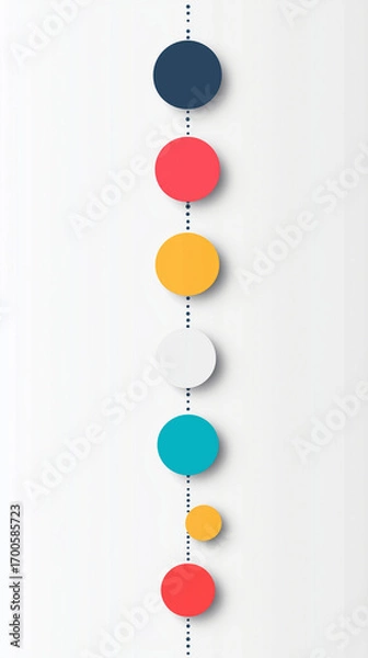 Fototapeta Minimalist vertical timeline: colorful circular nodes aligned along a dotted line on a light background, suggesting process steps or milestones in a clean geometric design