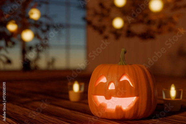 Obraz Halloween jack o'lantern pumpkin growing on wooden table with candles in cozy room. 3d rendering