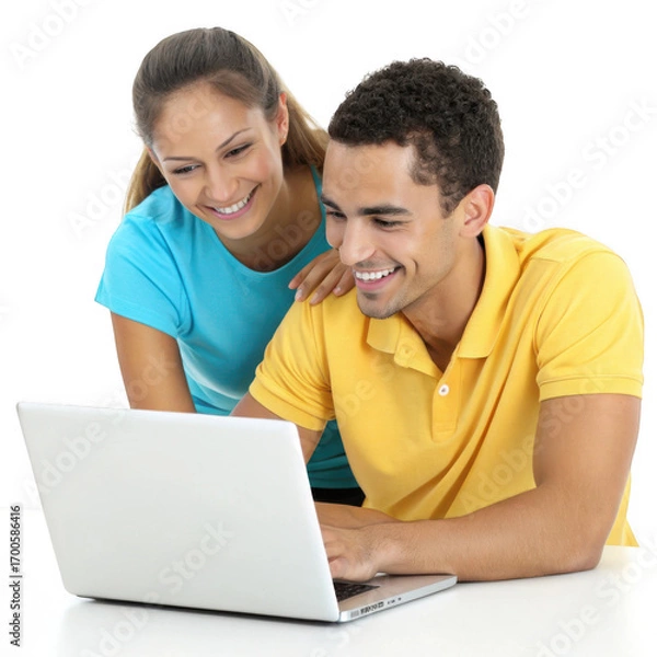 Fototapeta Happy couple working together on a laptop isolated on transparent background