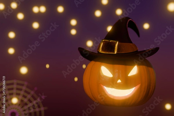 Obraz Glowing halloween jack o'lantern with witch hat and spiderweb decoration. 3d rendering