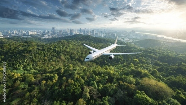 Fototapeta Airplane soaring above lush city forest