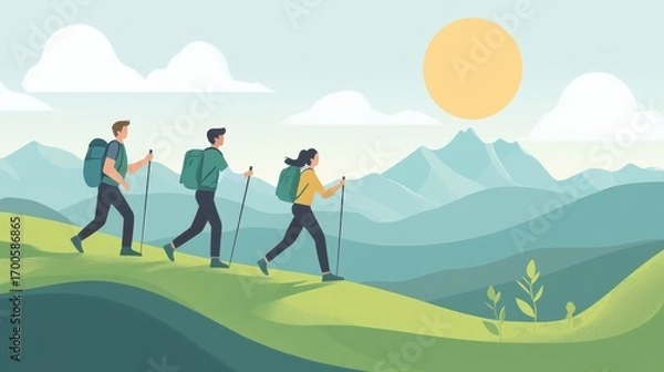 Fototapeta Three hikers with backpacks and trekking poles walking on a green mountain trail under a sunny sky with clouds