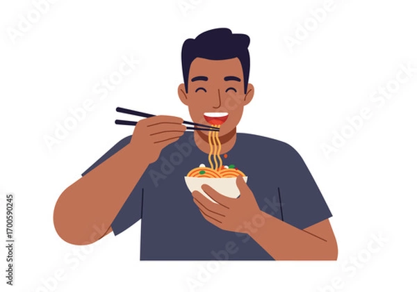 Fototapeta Darkhaired man eats noodles with chopsticks from a white bowl smiling
