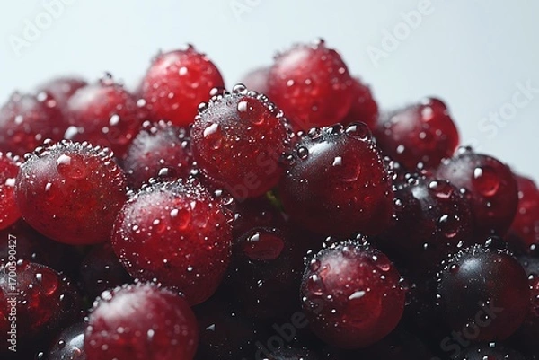 Fototapeta Close-up of plump red grapes covered in fine dew drops, arranged tightly together, glistening under soft light on white background 