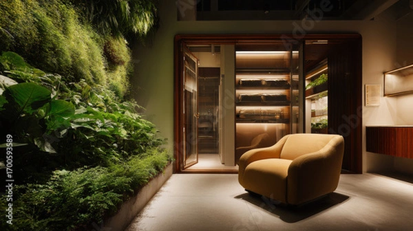 Fototapeta cozy guest room featuring inviting armchair surrounded by lush greenery creating peaceful retreat