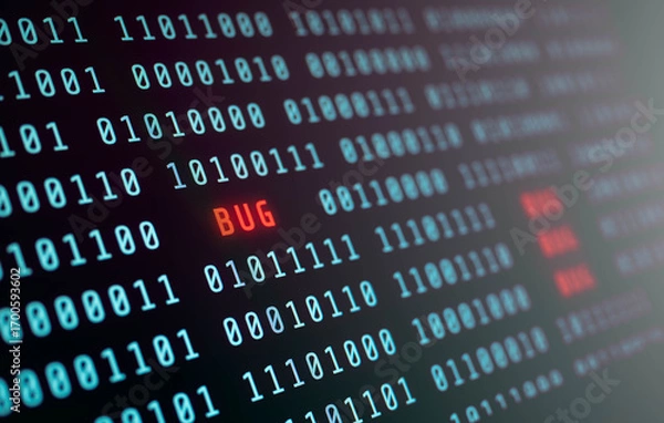 Obraz Binary code on screen with red glowing "BUG" text, symbolizing software malfunction, coding error, or system glitch. Ideal for tech content, debugging, and cybersecurity topics.