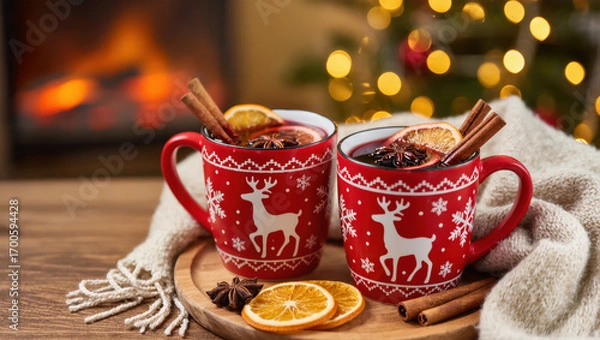 Fototapeta Cozy Christmas mulled wine in red mugs with reindeer pattern, cinnamon sticks, and dried orange slices by the fireplace and festive lights