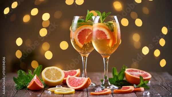Fototapeta Two elegant glasses with refreshing cocktail of citrus slices and mint on wooden table with festive glowing bokeh lights in background