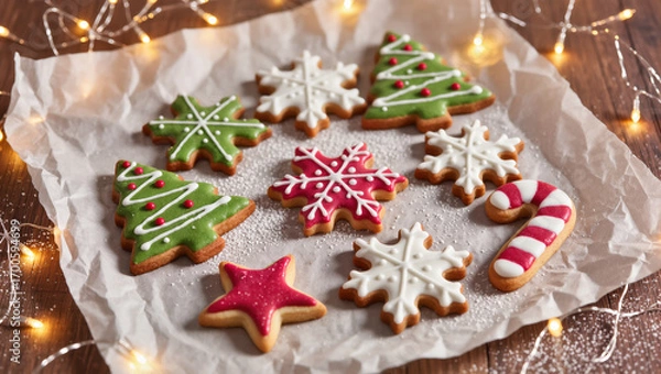 Fototapeta Christmas cookies shaped like trees, snowflakes, star and candy cane with colorful icing on parchment paper surrounded by festive lights on wooden table.