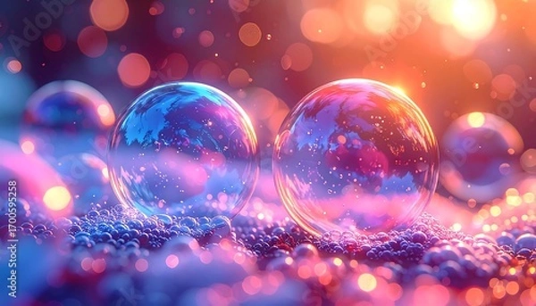 Fototapeta Two vibrant bubbles reflecting lights