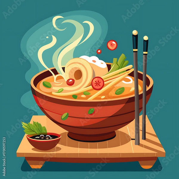 Fototapeta Delicious noodle bowl with fresh vegetables and sesame seed topping , Ai Generated 