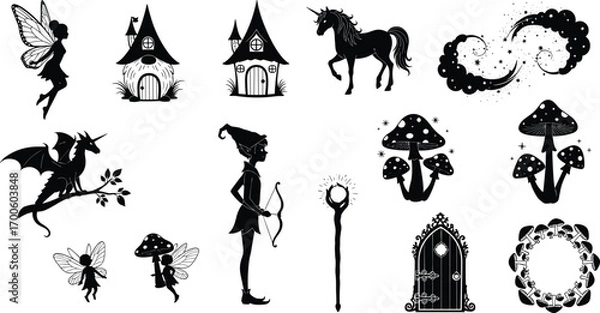 Obraz Fairy tale silhouettes, magical fantasy characters, unicorn and dragon, fairy with wings, enchanted mushroom, mystical door, fantasy house and wizard staff, magical forest elements vector