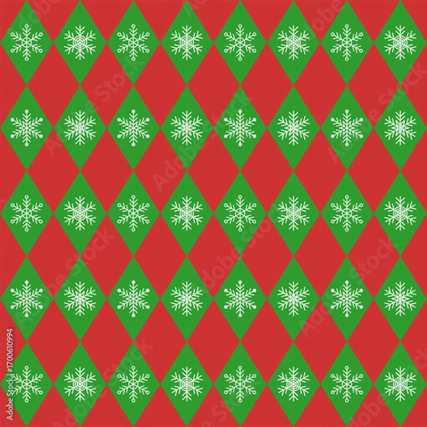 Fototapeta Seamless argyle pattern with white snowflakes.Colorful harlequin repeat pattern in green and red for Christmas.Winter vector graphic background for textile and prints.