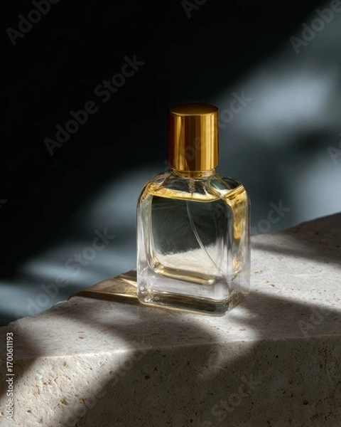 Fototapeta A luxury perfume bottle placed on a marble surface with dramatic studio lighting