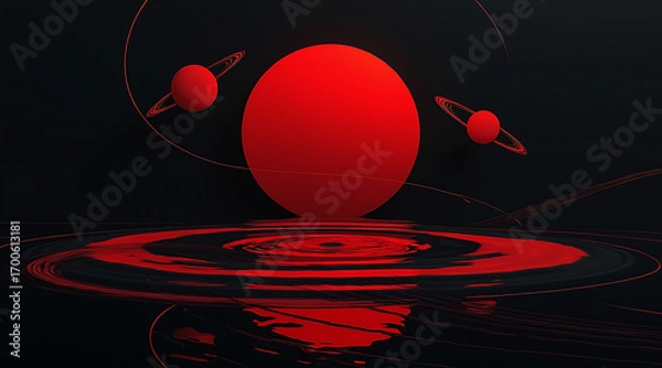 Fototapeta Abstract red planet with rings and moons in deep space reflecting on a dark surface