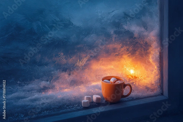 Fototapeta cozy winter evening by frosty window adorned with intricate ice patterns casting tranquil glow