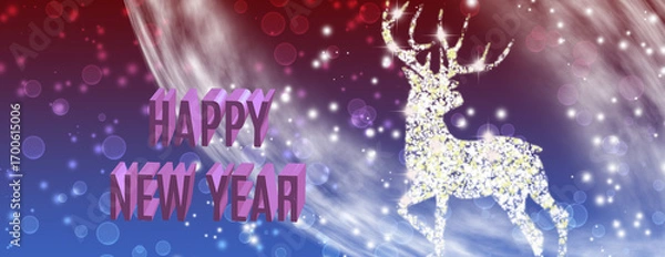 Obraz Shimmering reindeer celebrates joyful new year against a vibrant cosmic backdrop filled with sparkling lights and festive energy