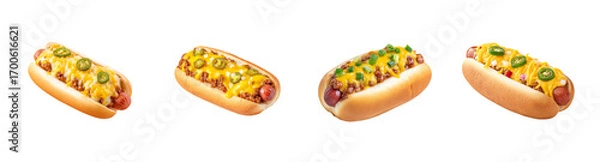 Fototapeta Collection of four delicious chili cheese hot dogs with various toppings, studio shot, isolated on black background, PNG set, transparent background