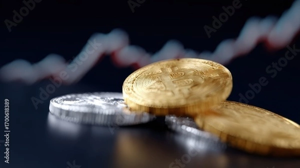 Fototapeta A conceptual image of cryptocurrency trading, with digital coins and a dynamic graph.