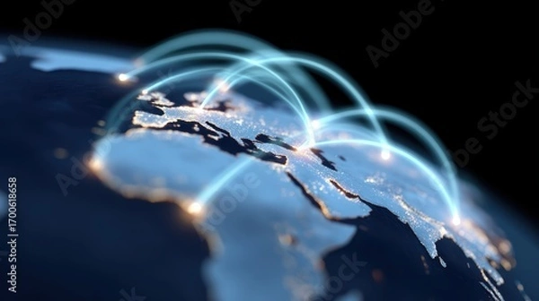 Fototapeta A conceptual image of a global business network with interconnected data lines across the world map.