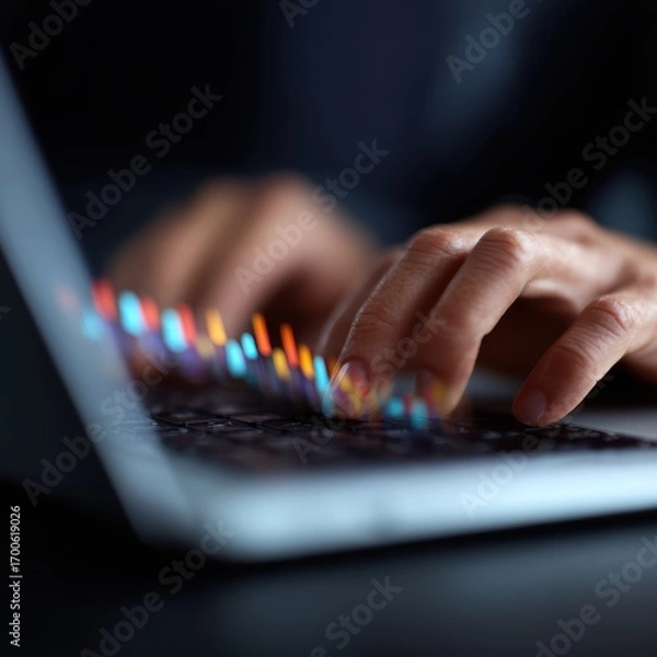 Fototapeta Close-up of hands typing on a laptop keyboard with holographic financial charts floating above the device