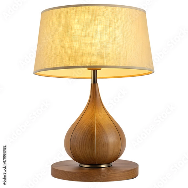 Fototapeta Elegant modern wooden table lamp with warm fabric shade, natural wood grain base, contemporary home décor lighting, minimalist design bedside lamp, stylish desk illumination, decorative nightstand lig