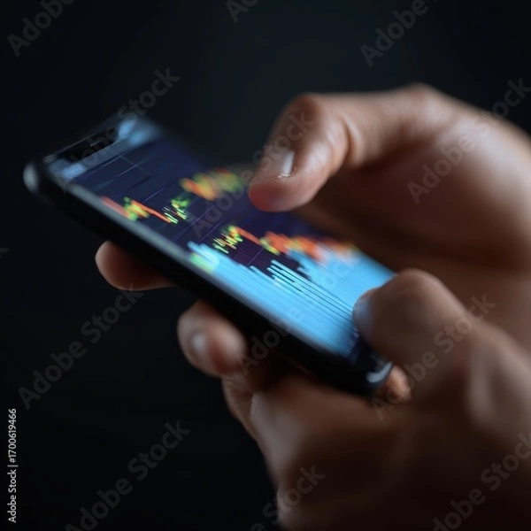 Fototapeta Close-up of hands holding a smartphone showing cryptocurrency market trends with holographic charts